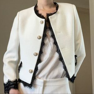 Cotton Blend White Blazer Jacket with Black Lace